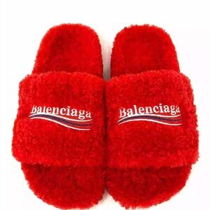 Balenciaga red fur slides
